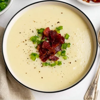 A cozy bowl of loaded potato soup topped with cheese and chives.