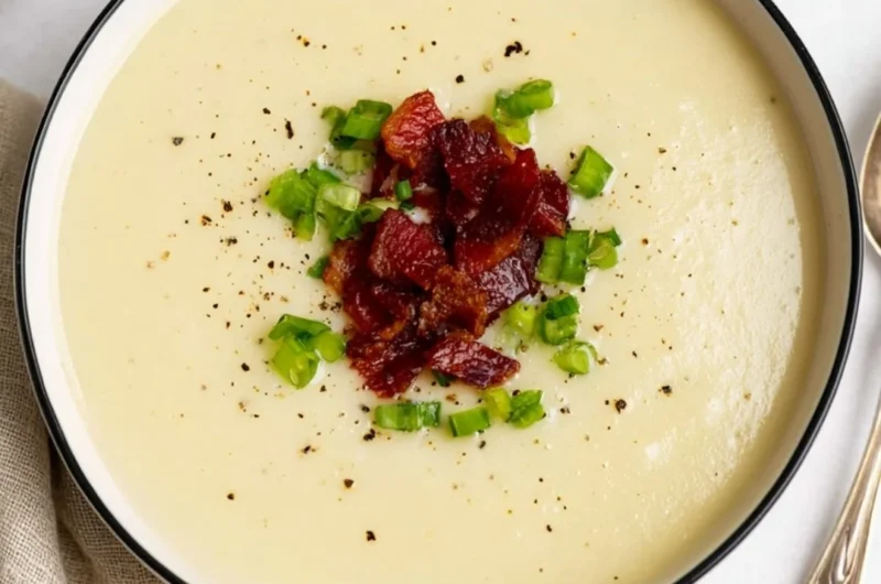 A cozy bowl of loaded potato soup topped with cheese and chives.