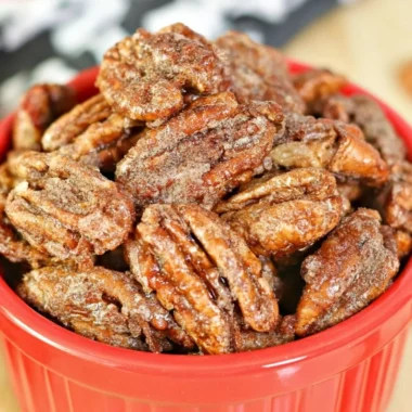 Delicious air fryer candied pecans ready to enjoy as a snack or topping.