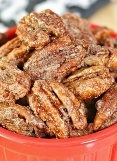 Delicious air fryer candied pecans ready to enjoy as a snack or topping.