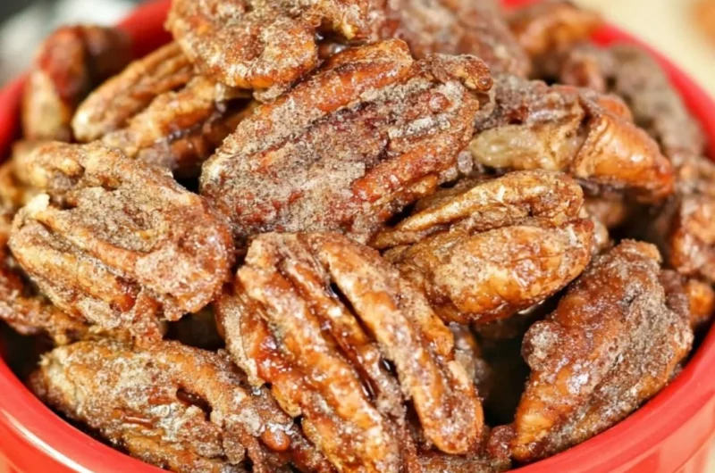 Delicious air fryer candied pecans ready to enjoy as a snack or topping.
