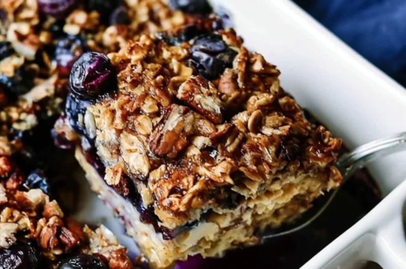 Baked oatmeal with fresh blueberries in a serving dish