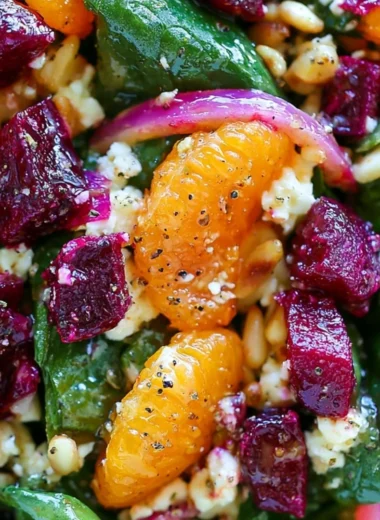 Beet salad with spinach, mandarin oranges, red onion, pine nuts, and feta cheese