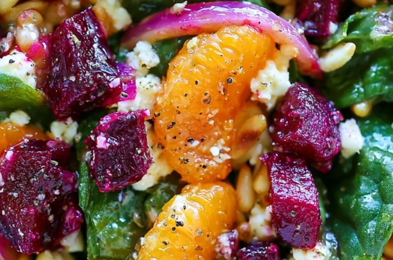 Beet salad with spinach, mandarin oranges, red onion, pine nuts, and feta cheese