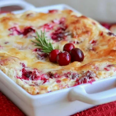 Delicious baked cranberry cream cheese dip served in a dish with crackers.