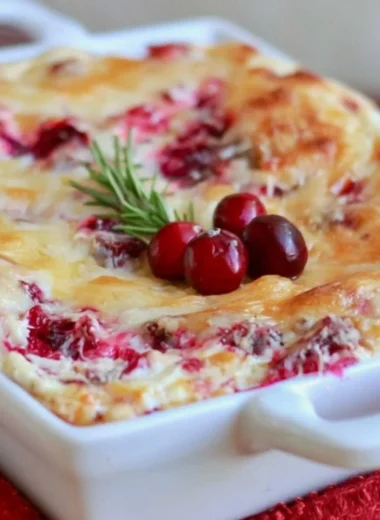 Delicious baked cranberry cream cheese dip served in a dish with crackers.