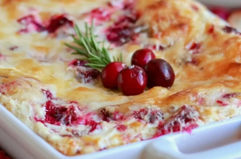Delicious baked cranberry cream cheese dip served in a dish with crackers.