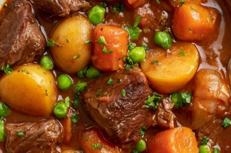 Slow cooker beef stew in a rustic bowl, garnished with herbs