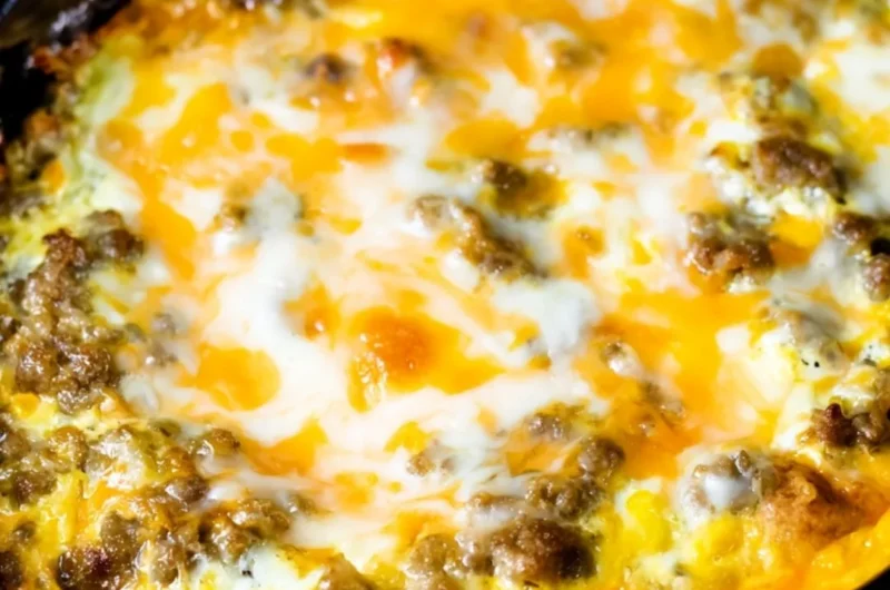 Cheesy sausage hashbrown breakfast dish with golden hashbrowns and sausage