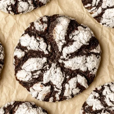 Cozy chocolate crinkle cookies dusted with powdered sugar on a cooling rack.