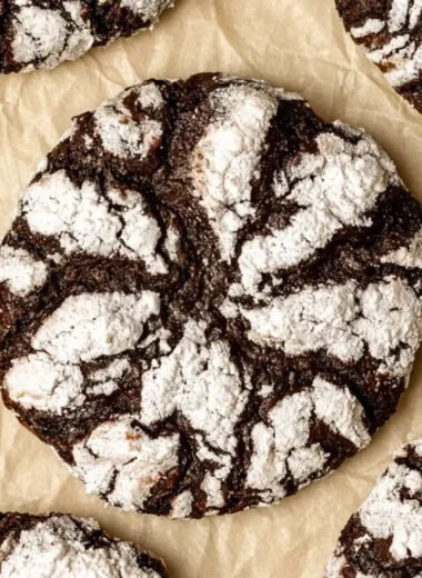 Cozy chocolate crinkle cookies dusted with powdered sugar on a cooling rack.