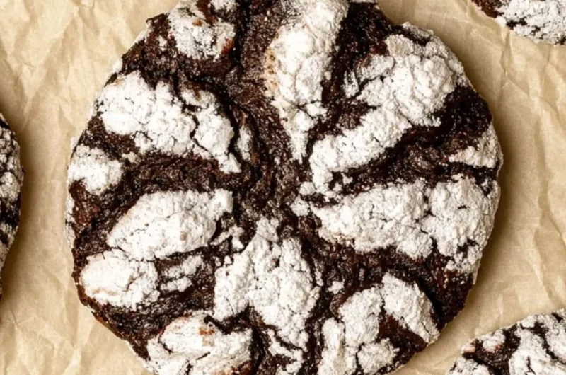 Cozy chocolate crinkle cookies dusted with powdered sugar on a cooling rack.