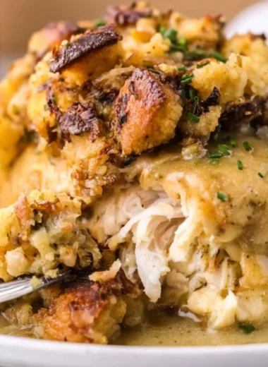 Crockpot Chicken and Stuffing recipe served in a bowl
