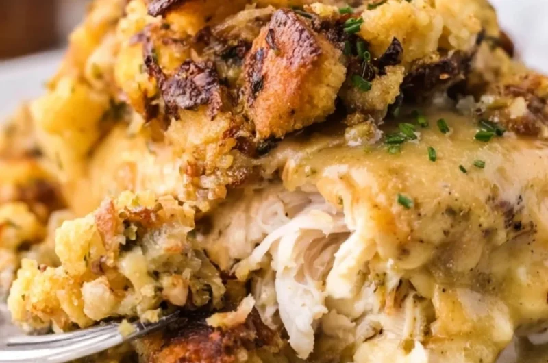 Crockpot Chicken and Stuffing recipe served in a bowl