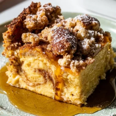 Deliciously baked French Toast Casserole served with syrup and berries