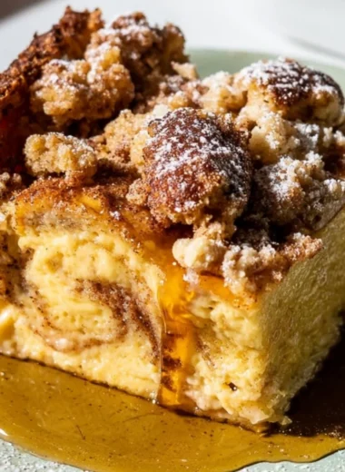 Deliciously baked French Toast Casserole served with syrup and berries
