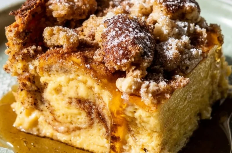 Deliciously baked French Toast Casserole served with syrup and berries
