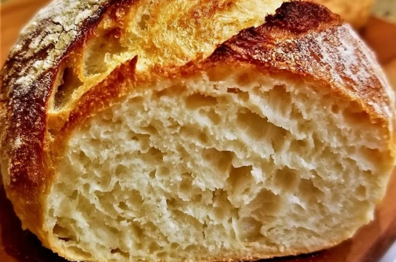 Delicious loaf of no knead gluten free bread on a rustic wooden table.