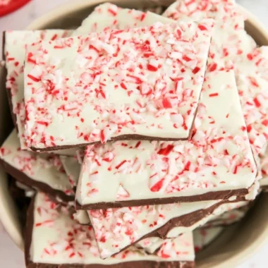 Delicious homemade peppermint bark decorated with crushed candy canes