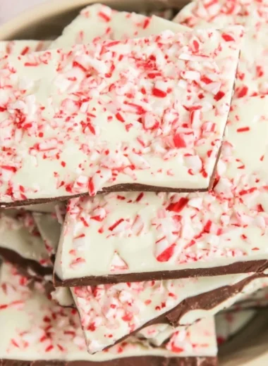 Delicious homemade peppermint bark decorated with crushed candy canes
