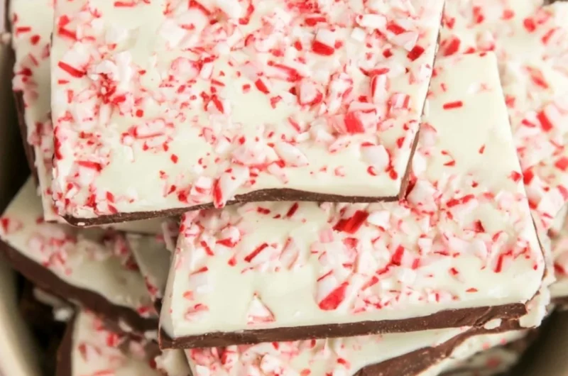 Delicious homemade peppermint bark decorated with crushed candy canes