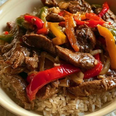 Cozy slow cooker pepper steak served with rice and bell peppers