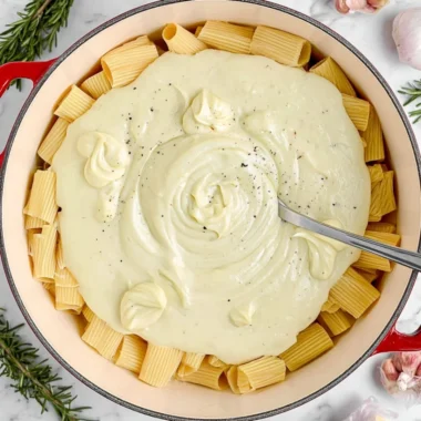 Bowl of creamy cauliflower Alfredo sauce served over pasta