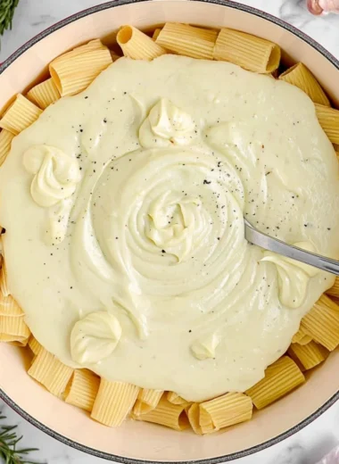 Bowl of creamy cauliflower Alfredo sauce served over pasta