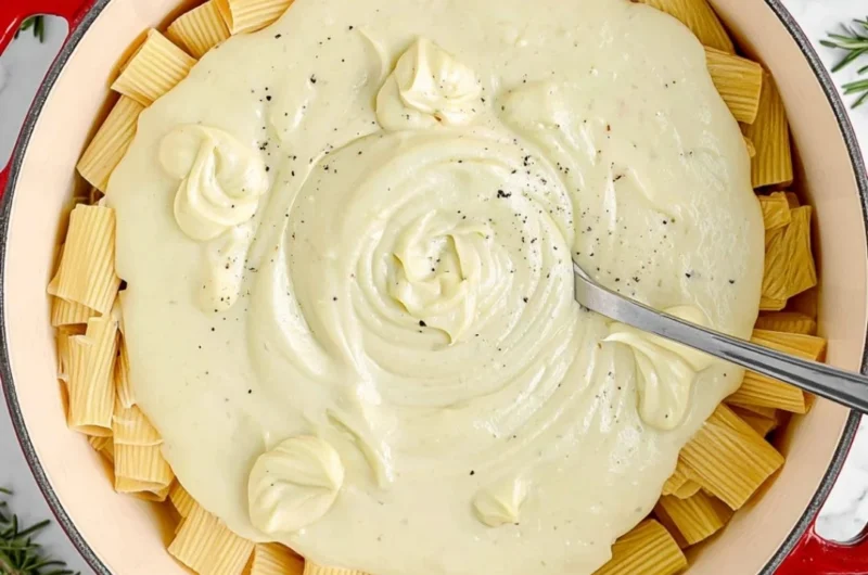 Bowl of creamy cauliflower Alfredo sauce served over pasta