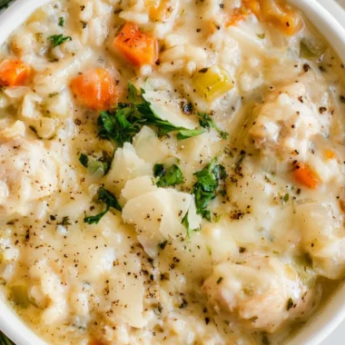 Delicious creamy chicken and rice soup in a bowl with fresh herbs