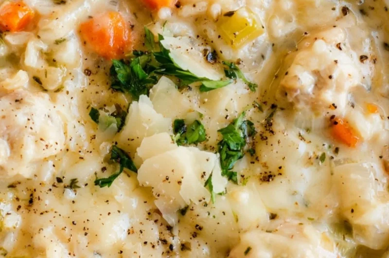 Delicious creamy chicken and rice soup in a bowl with fresh herbs