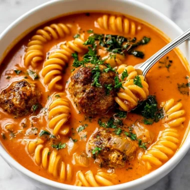 Bowl of creamy Italian meatball soup garnished with herbs and spices