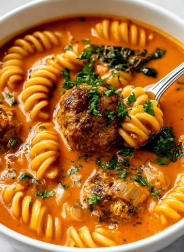 Bowl of creamy Italian meatball soup garnished with herbs and spices