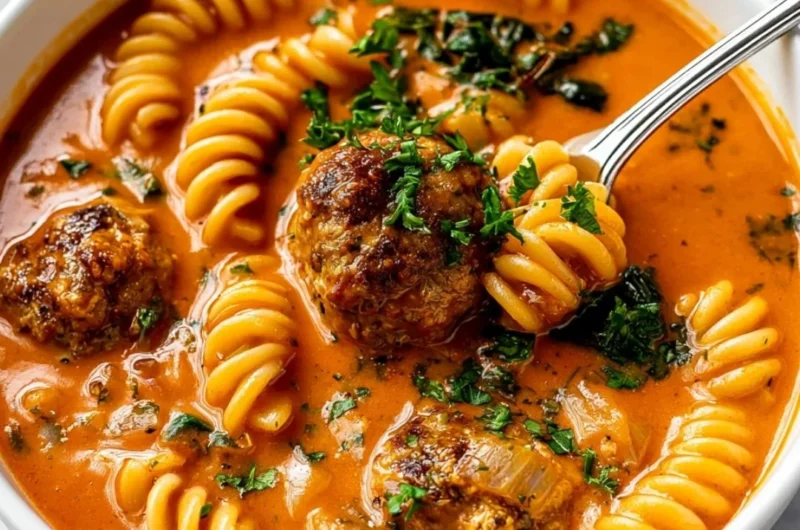 Bowl of creamy Italian meatball soup garnished with herbs and spices