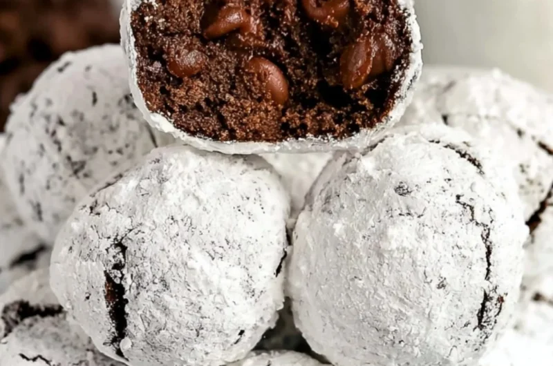 Double chocolate snowball cookies dusted with powdered sugar, a delicious treat.