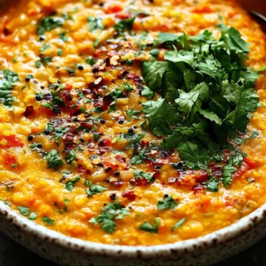 Bowl of easy red lentil dahl garnished with herbs