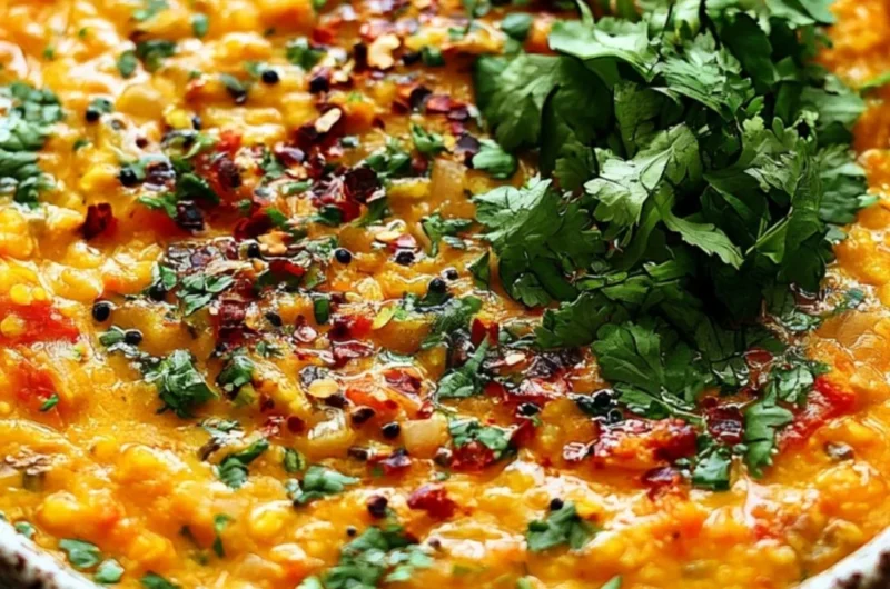 Bowl of easy red lentil dahl garnished with herbs