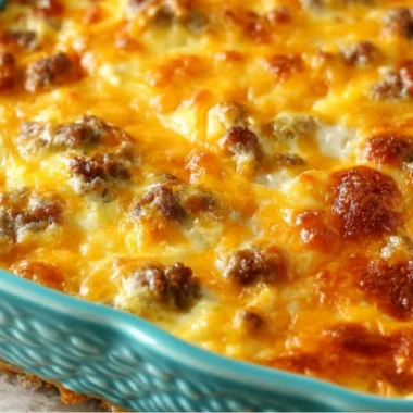 Delicious easy breakfast casserole served on a plate with vegetables and cheese