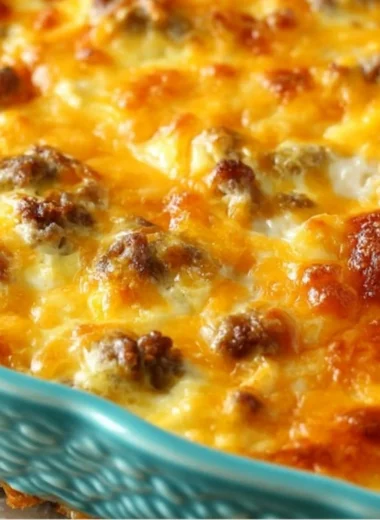 Delicious easy breakfast casserole served on a plate with vegetables and cheese