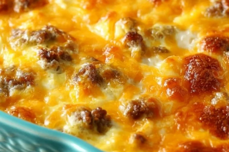 Delicious easy breakfast casserole served on a plate with vegetables and cheese