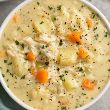 High protein chicken pot pie soup topped with herbs in a bowl.