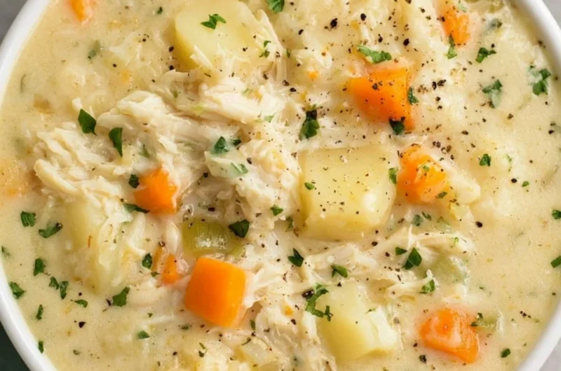 High protein chicken pot pie soup topped with herbs in a bowl.