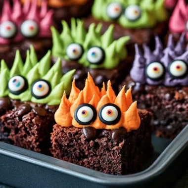 Delicious Monster Brownies topped with candies and chocolate