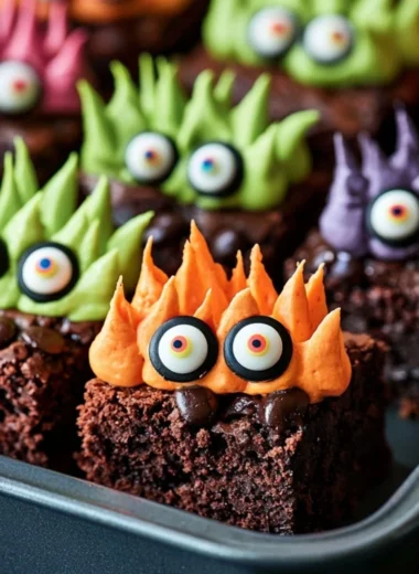 Delicious Monster Brownies topped with candies and chocolate