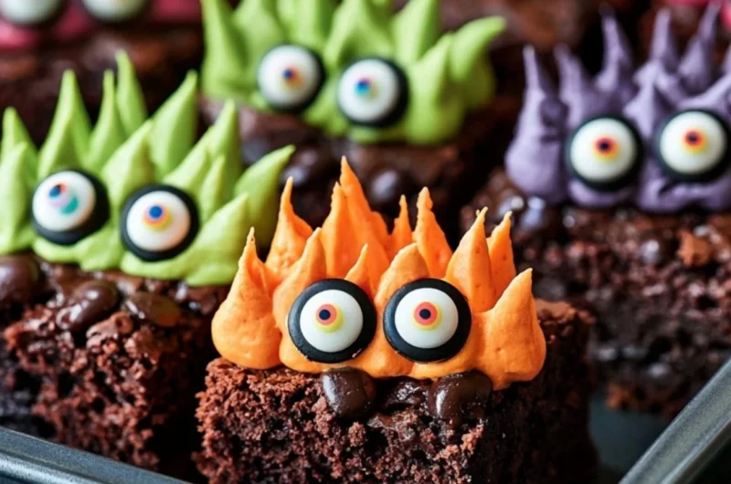 Delicious Monster Brownies topped with candies and chocolate