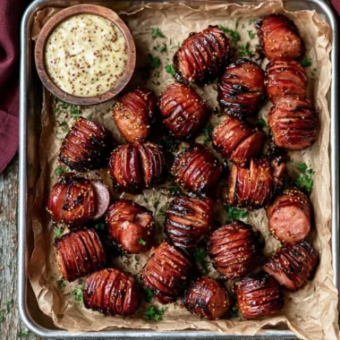 Mustard Hasselback Kielbasa Bites served on a platter