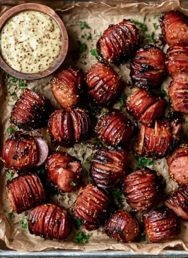 Mustard Hasselback Kielbasa Bites served on a platter