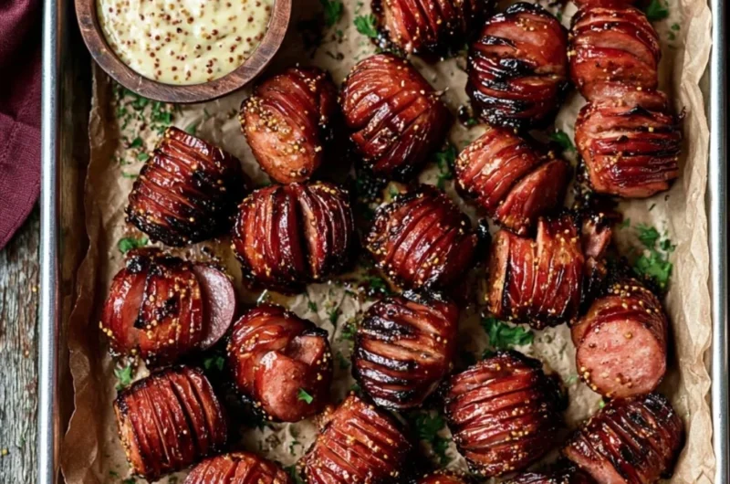 Mustard Hasselback Kielbasa Bites served on a platter