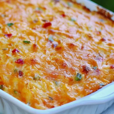 Pimento cheese hash brown casserole topped with crispy edges and melted cheese