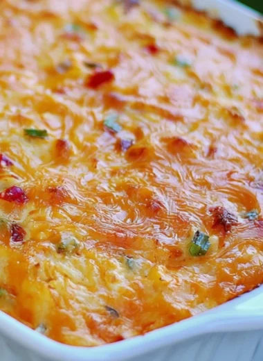 Pimento cheese hash brown casserole topped with crispy edges and melted cheese